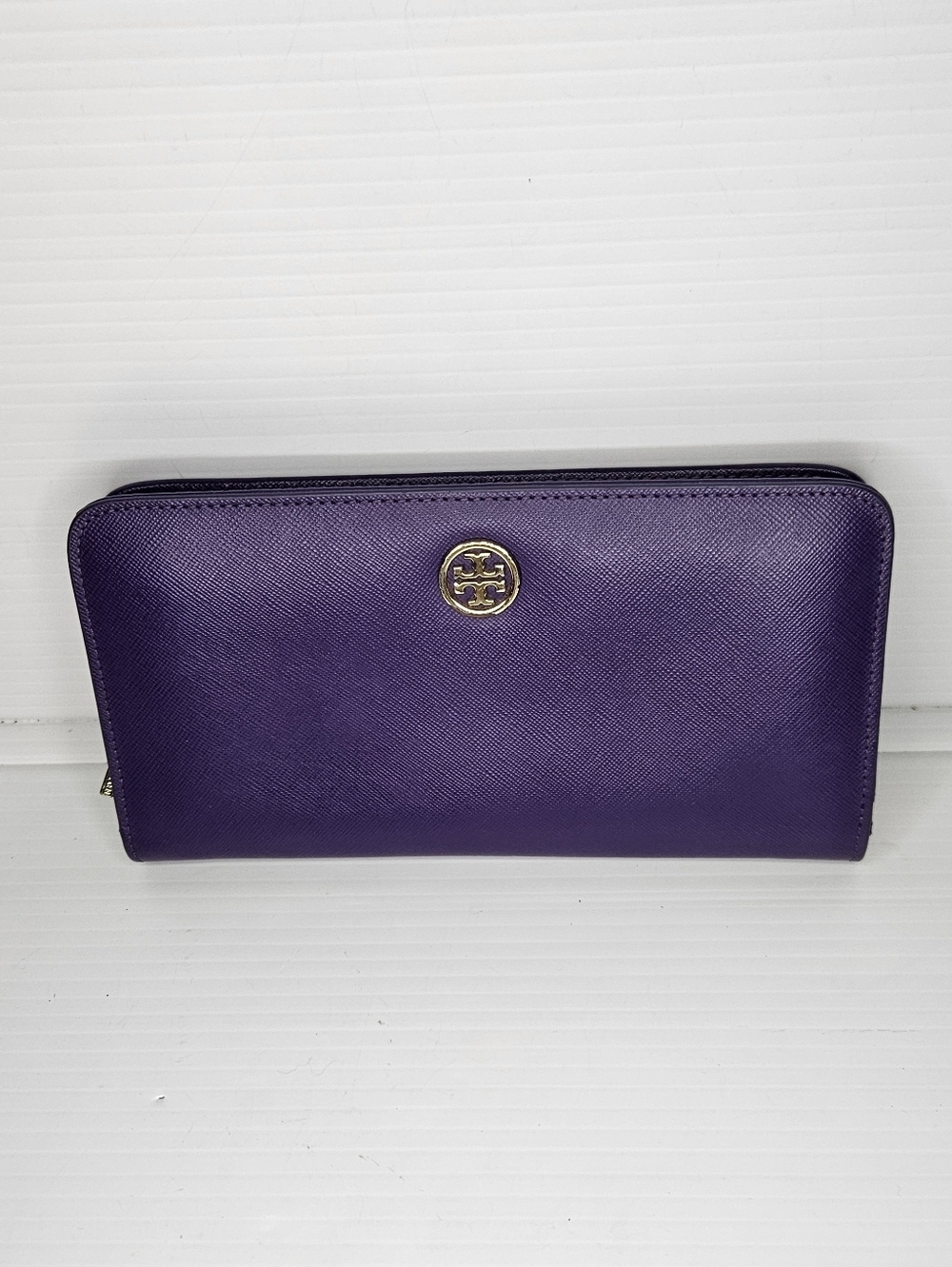 Tory Burch Robinson Zip Around Continental Wallet Large Purple Saffiano Leather